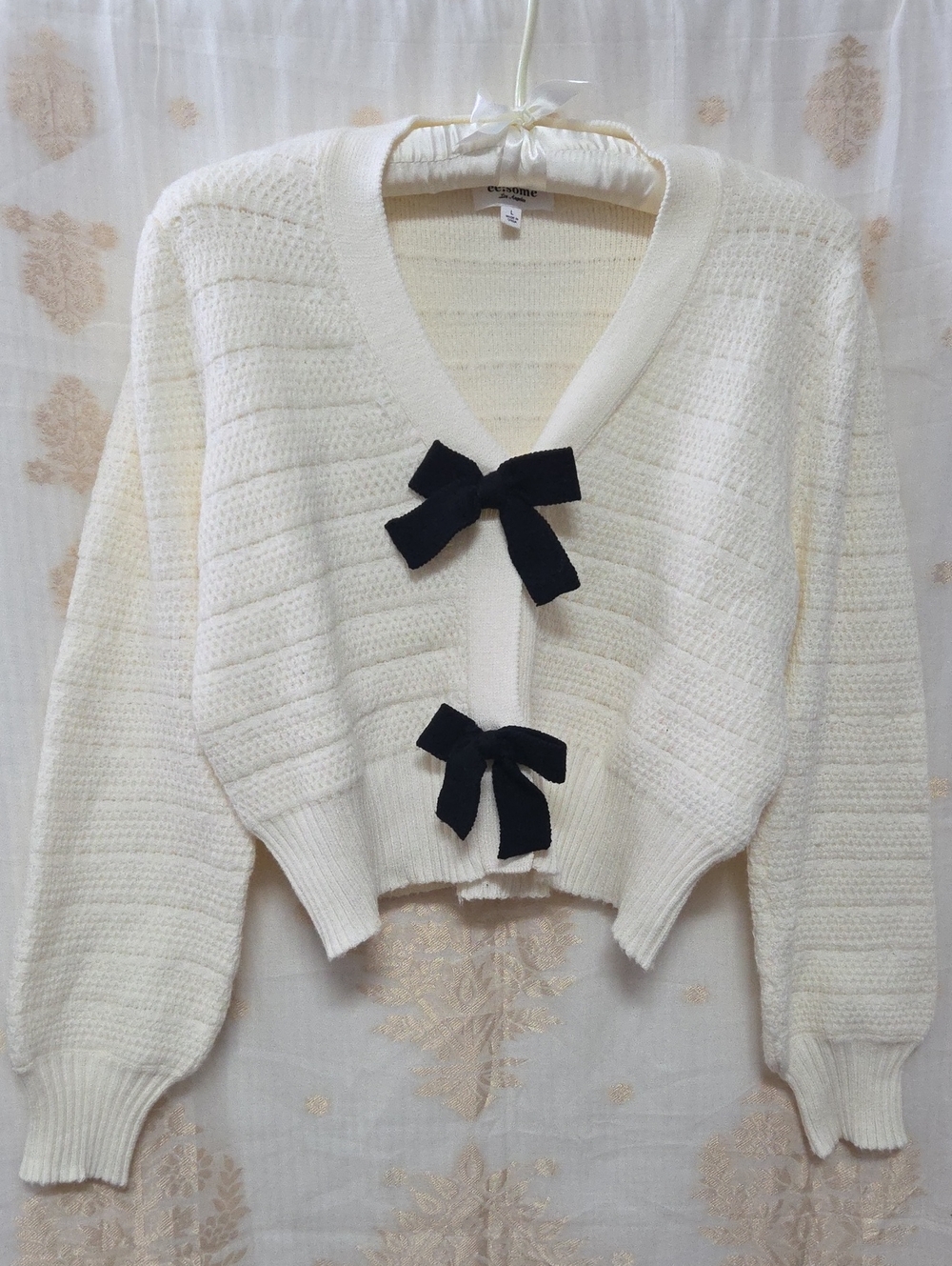 Cream Knit Cardigan with Black Bows
